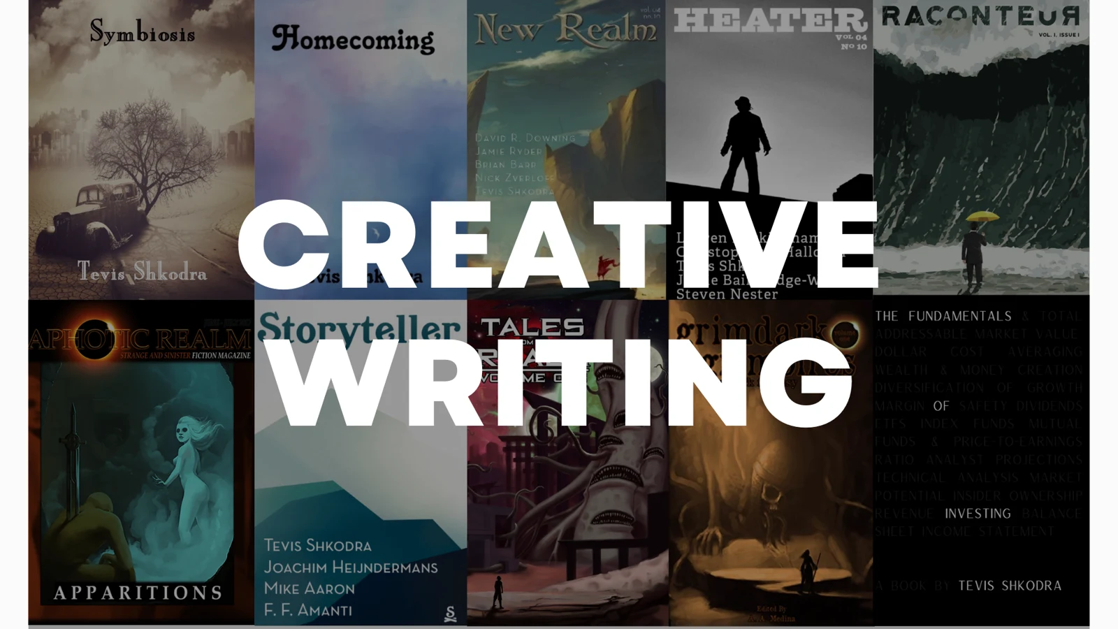 Creative Writing banner with published book and magazine covers