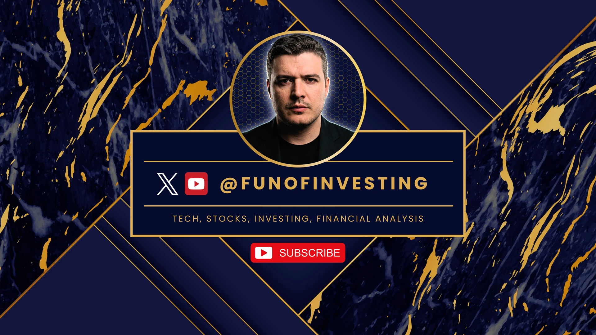 Tevis Shkodra on the navy and gold Fun of Investing banner, with the @funofinvesting handle on YouTube and X