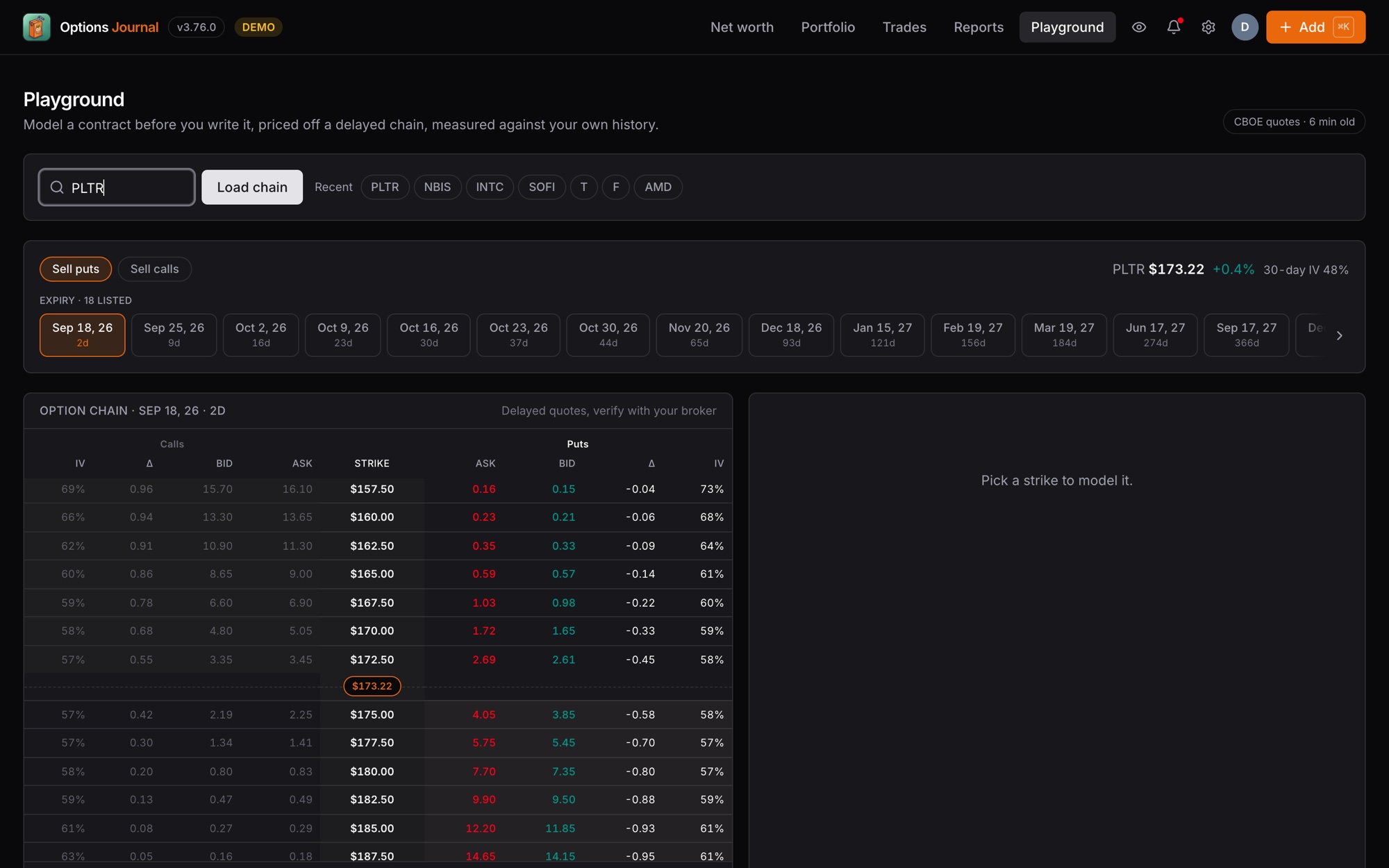 Options Journal playground with a delayed option chain, bid, ask, delta and implied volatility