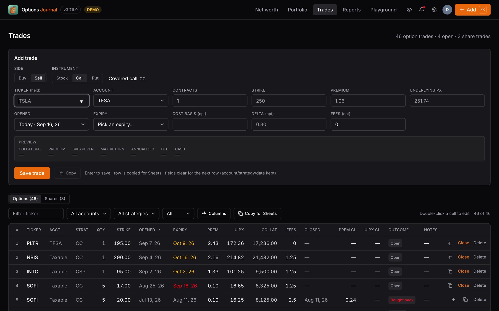 Options Journal trades view showing the app’s sample data
